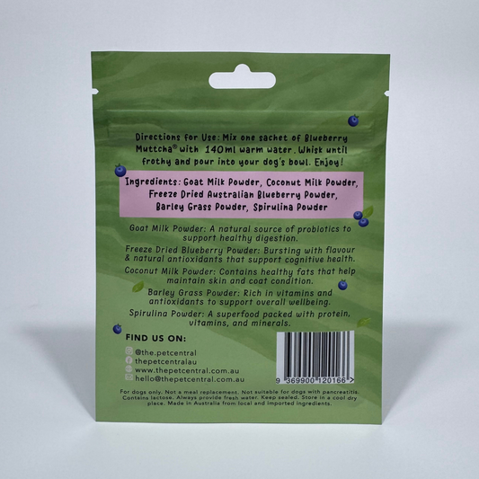Blueberry Muttcha doggie blueberry matcha latte sachet back packaging with ingredients and directions