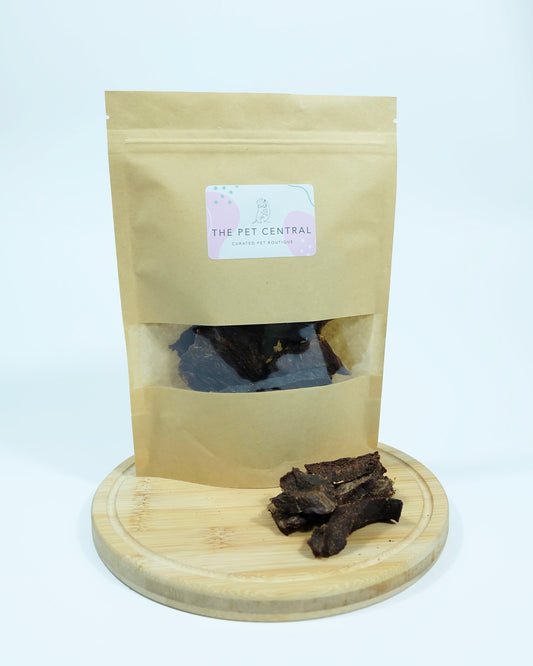 Kraft bag with 80g Emu Jerky and Emu Jerky in front of the packaging