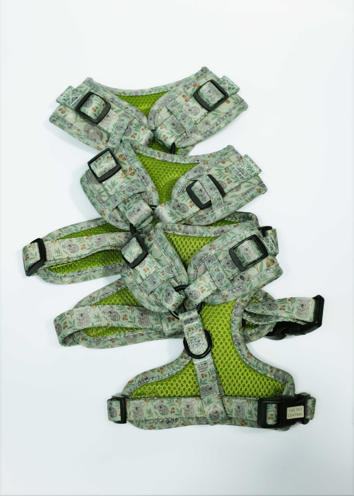 Green Koala Harness back view, Green Koala Harness, a calming and nature-inspired piece featuring adorable koalas and native Australian foliage on a soft green background, Part of The Pet Central’s walkwear range, with exclusive print rights. Designed in Australia.