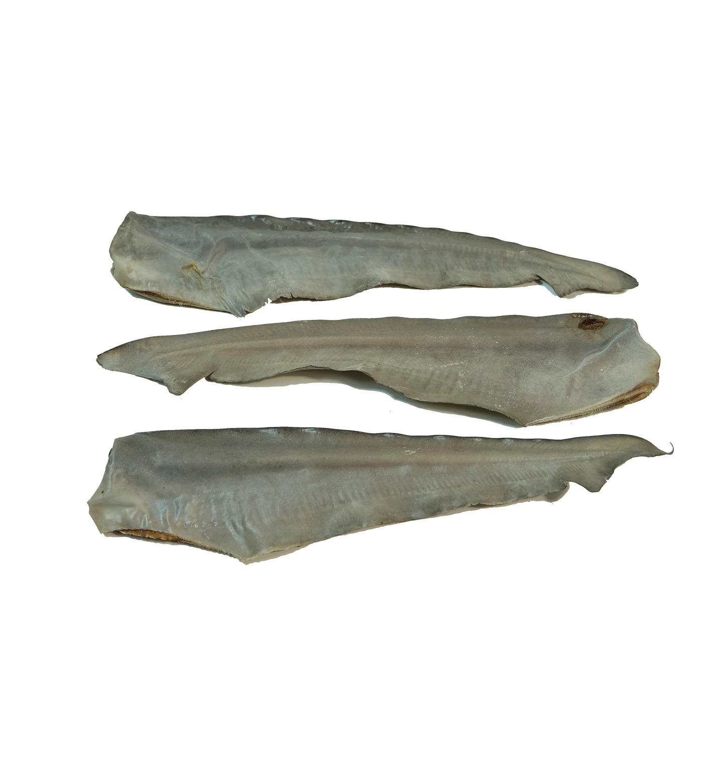 Three dehydrated shark tails laid side by side – natural Australian dog treats for chewing and dental health