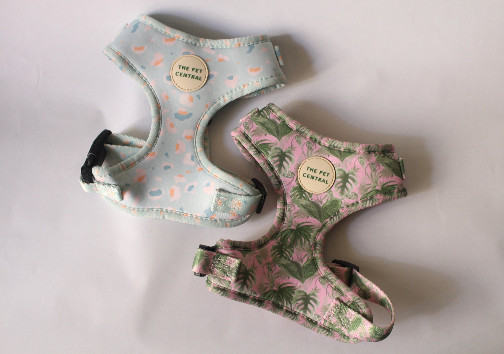 The Pet Central Blue Cheetah Dog Harness and Tropical Bloom Dog Harness (Front)