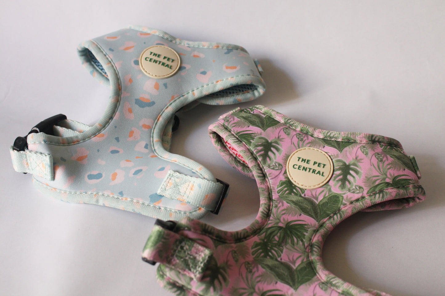 Tropical Bloom Dog Harness and Blue Cheetah Dog Harness (Front)