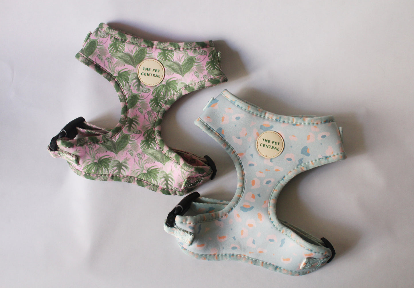 Tropical Bloom Dog Harness and Blue Cheetah Dog Harness (Front)
