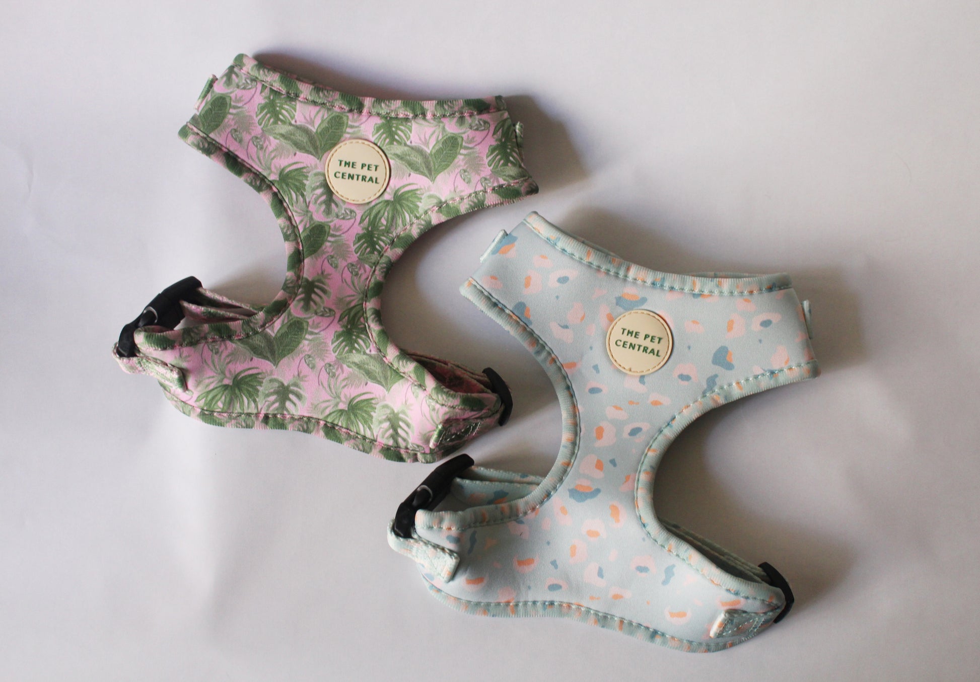 Tropical Bloom Dog Harness and Blue Cheetah Dog Harness (Front)