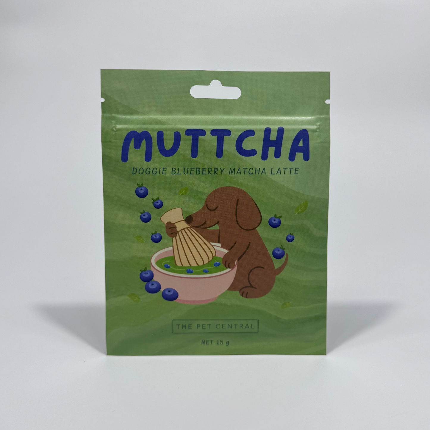 Blueberry Muttcha doggie blueberry matcha latte sachet front packaging by The Pet Central