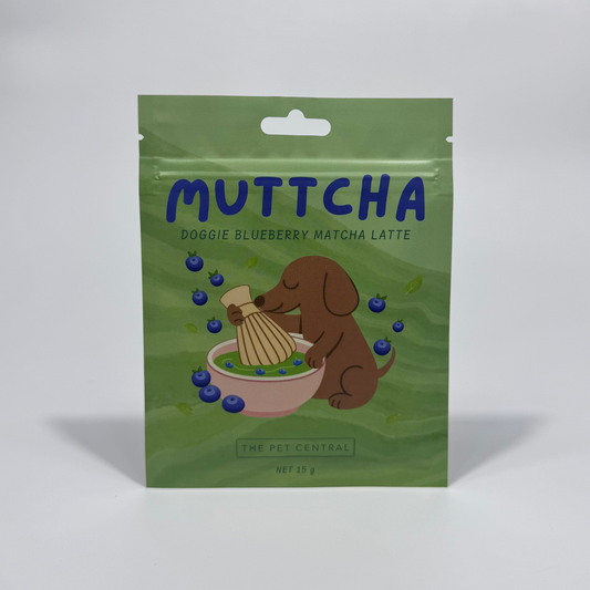 Blueberry Muttcha doggie blueberry matcha latte sachet front packaging by The Pet Central
