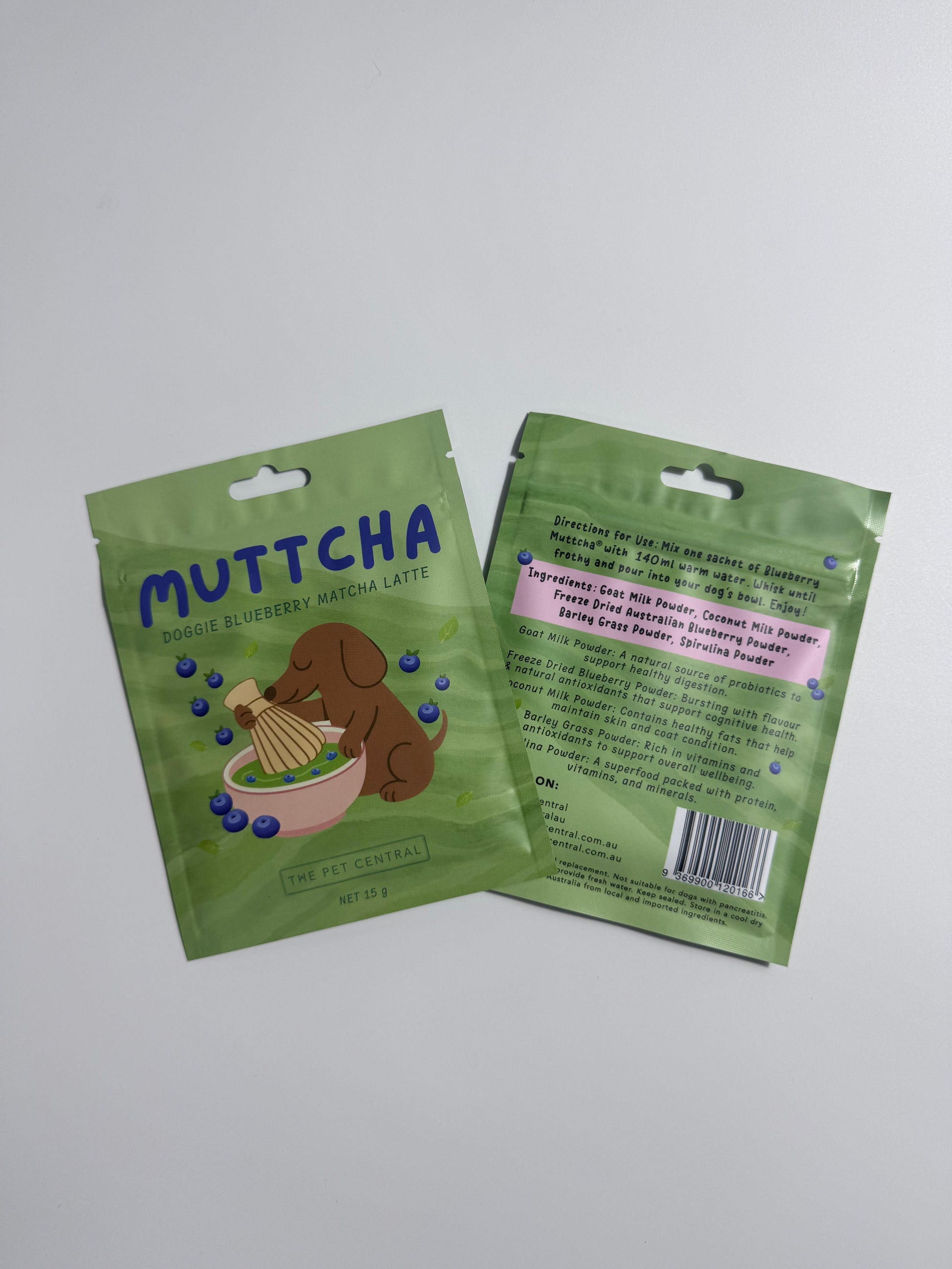 Blueberry Muttcha doggie blueberry matcha latte sachet showing front and back packaging