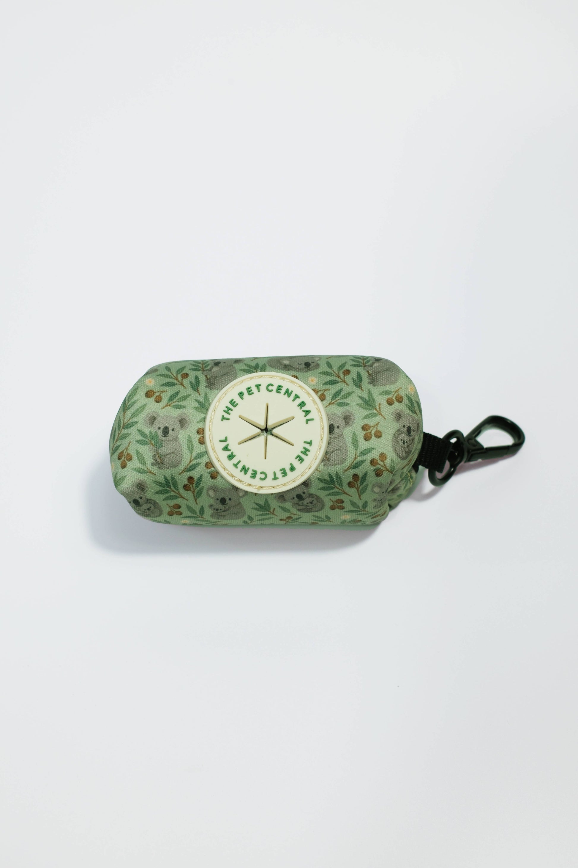 Front Part of Green Koala Poop Bag Holder, the calming and playful Green Koala print, inspired by Australia’s beloved wildlife. Part of The Pet Central’s walkwear range, with exclusive print rights. Designed in Australia.