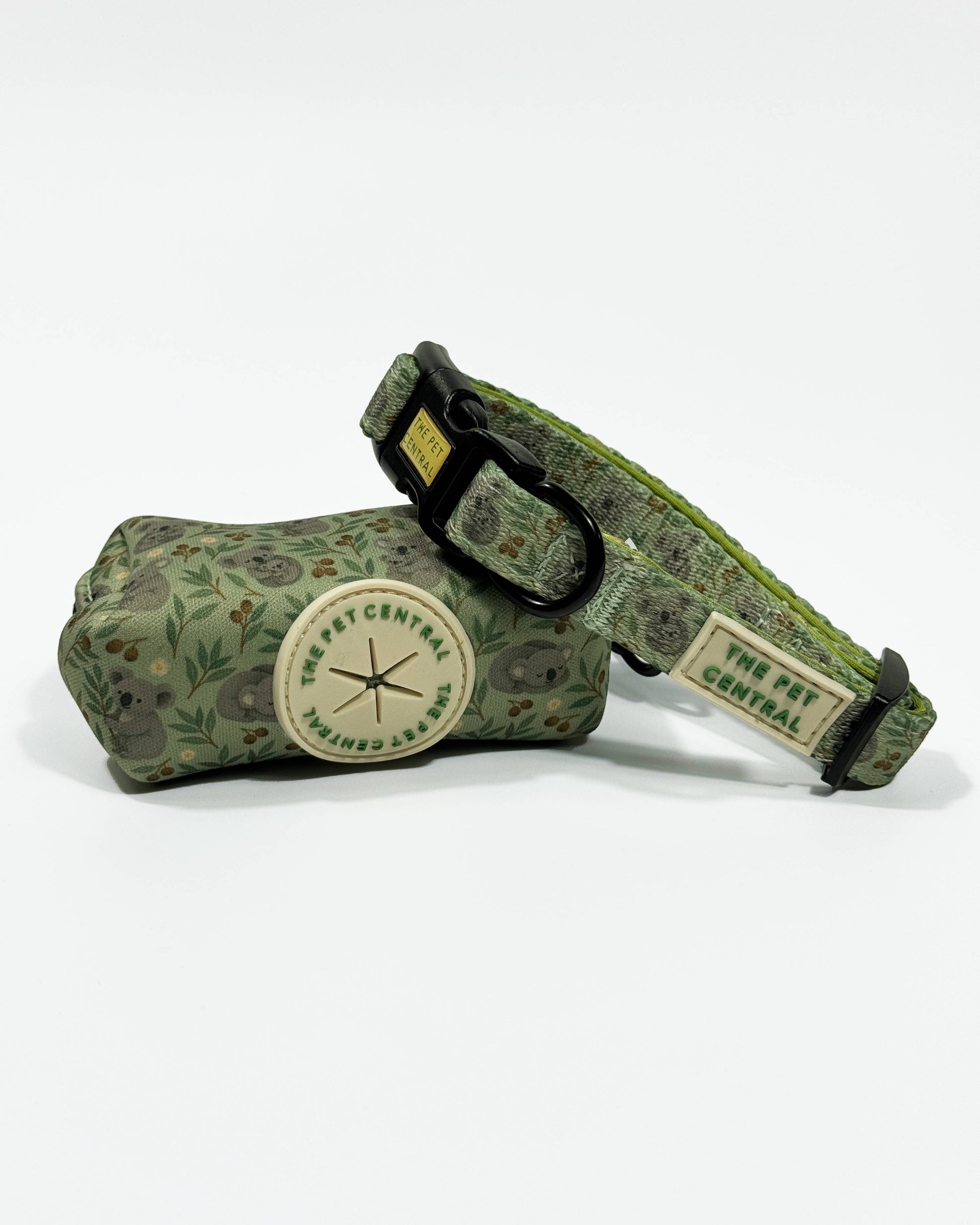 Green Koala Poop Bag Holder and Green Koala Collar, the calming and playful Green Koala print, inspired by Australia’s beloved wildlife. Part of The Pet Central’s walkwear range, with exclusive print rights. Designed in Australia.
