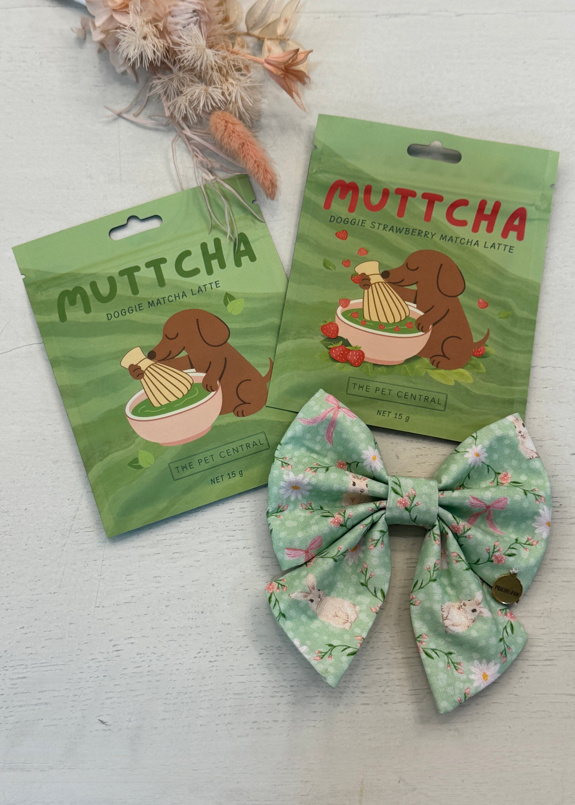 Easter Bows + Muttcha Bundle, Strawberry Muttcha, Green Bunny Bow, The Pet Central 