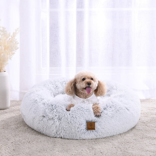 Shaggy Faux Fur Donut Calming Pet Nest Bed - Artic White Chinchilla Charlie's Pet Products