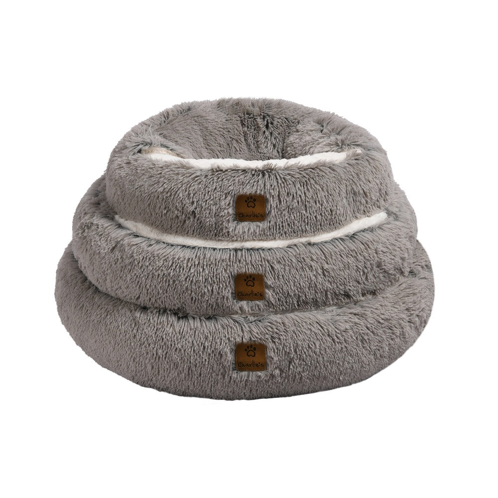 Snookie Hooded Pet Bed in Faux Fur - Grey Charlie's Pet Products