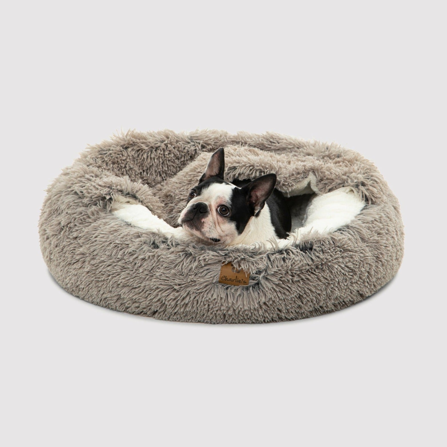 Snookie Hooded Pet Bed in Faux Fur - Grey Charlie's Pet Products