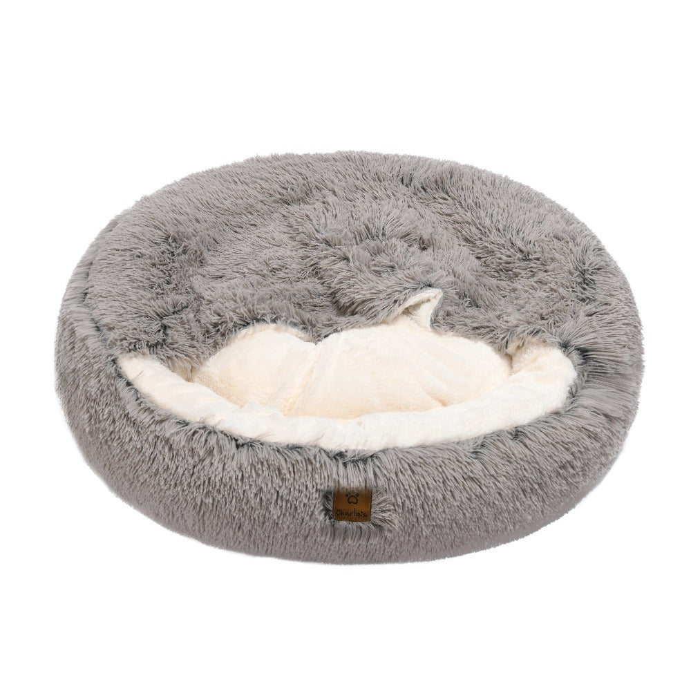 Snookie Hooded Pet Bed in Faux Fur - Grey Charlie's Pet Products