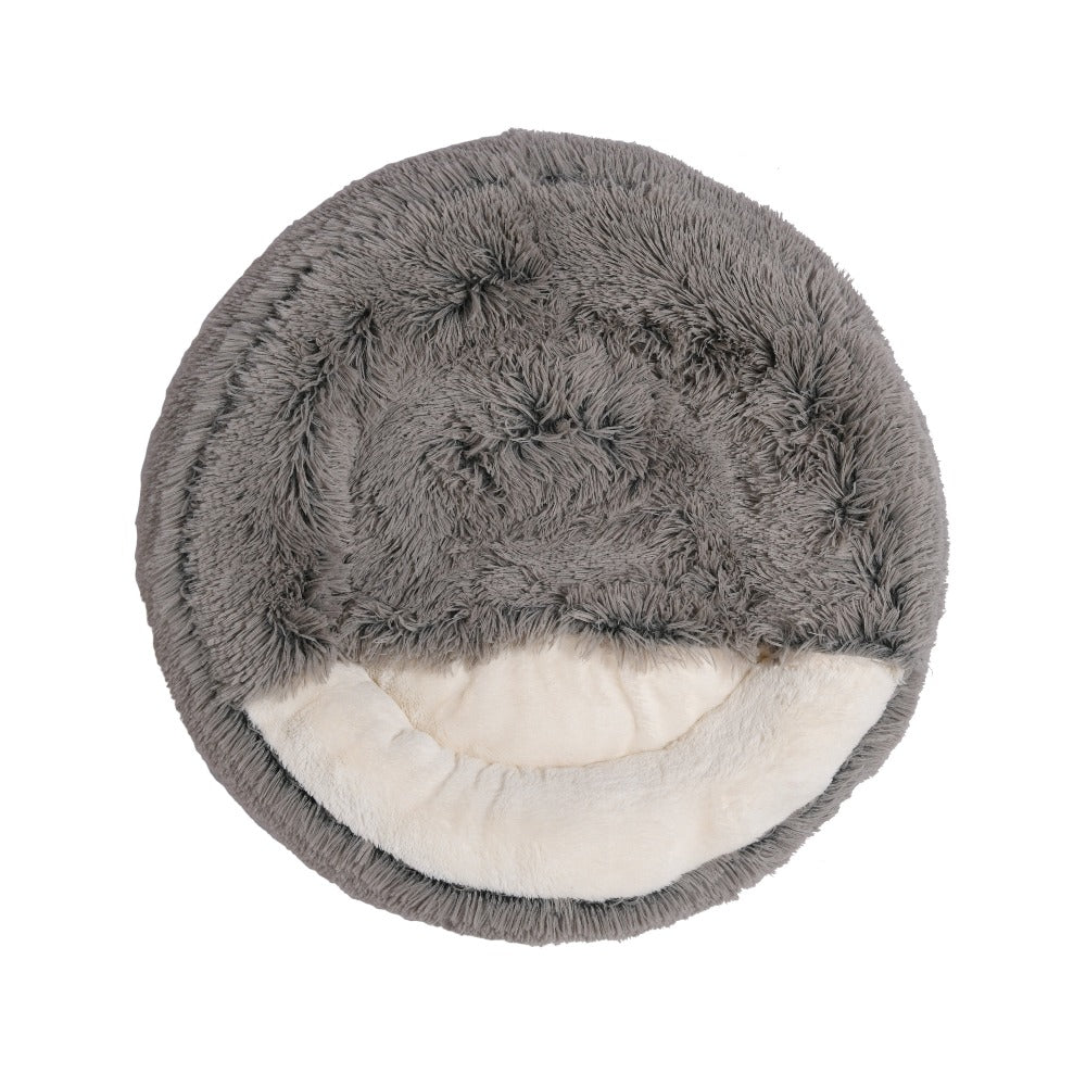 Snookie Hooded Pet Bed in Faux Fur - Grey Charlie's Pet Products