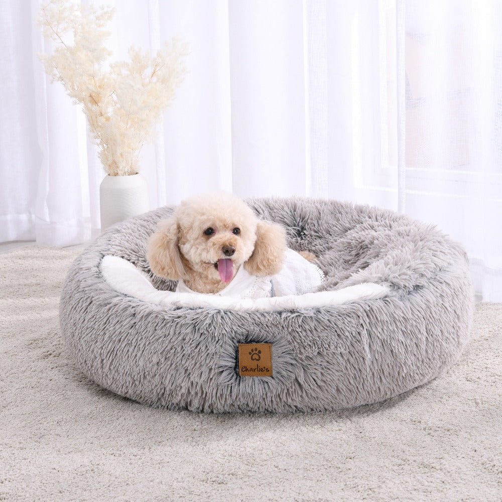 Snookie Hooded Pet Bed in Faux Fur - Grey Charlie's Pet Products