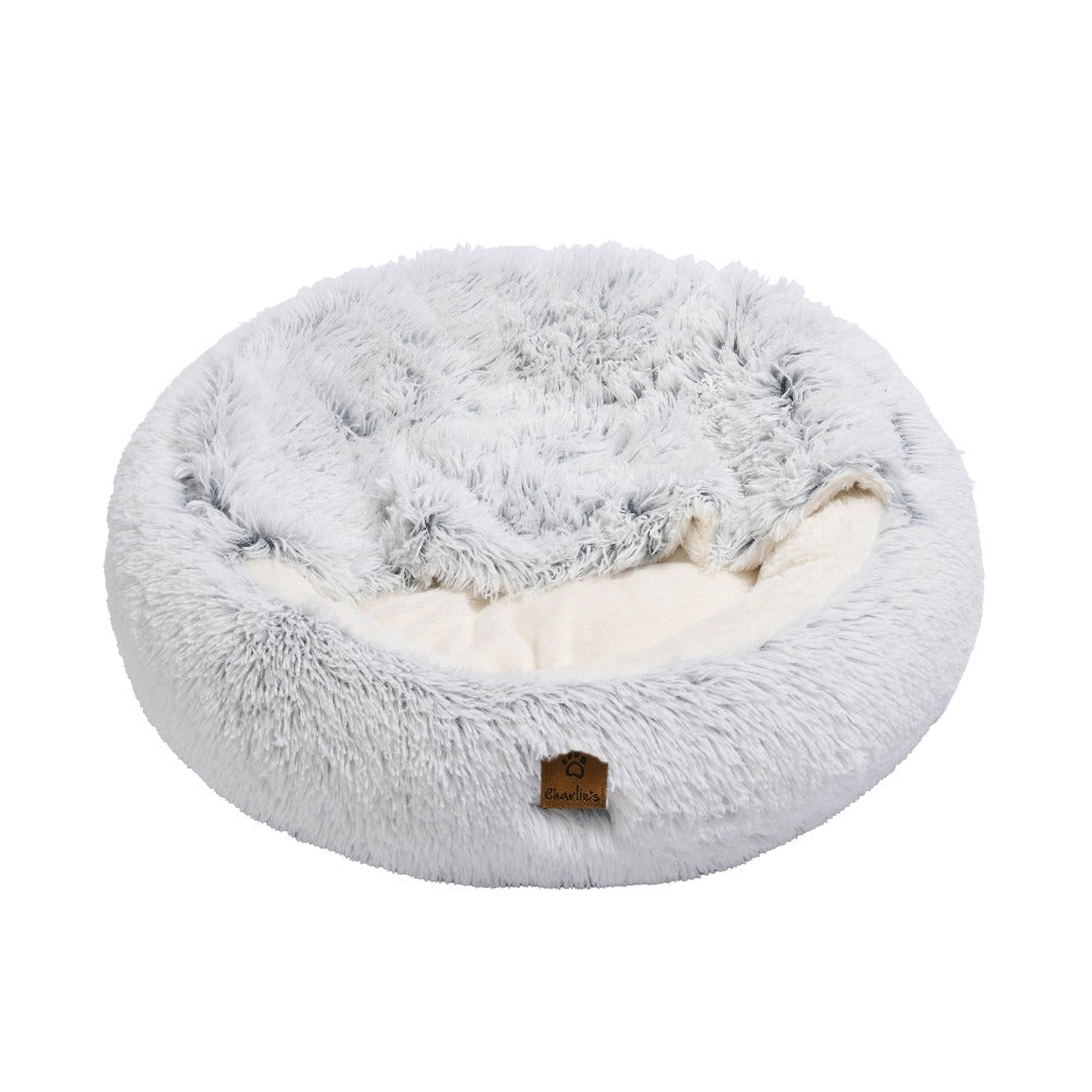 Snookie Hooded Pet Bed in Faux Fur - Artic White Chinchilla Charlie's Pet Products