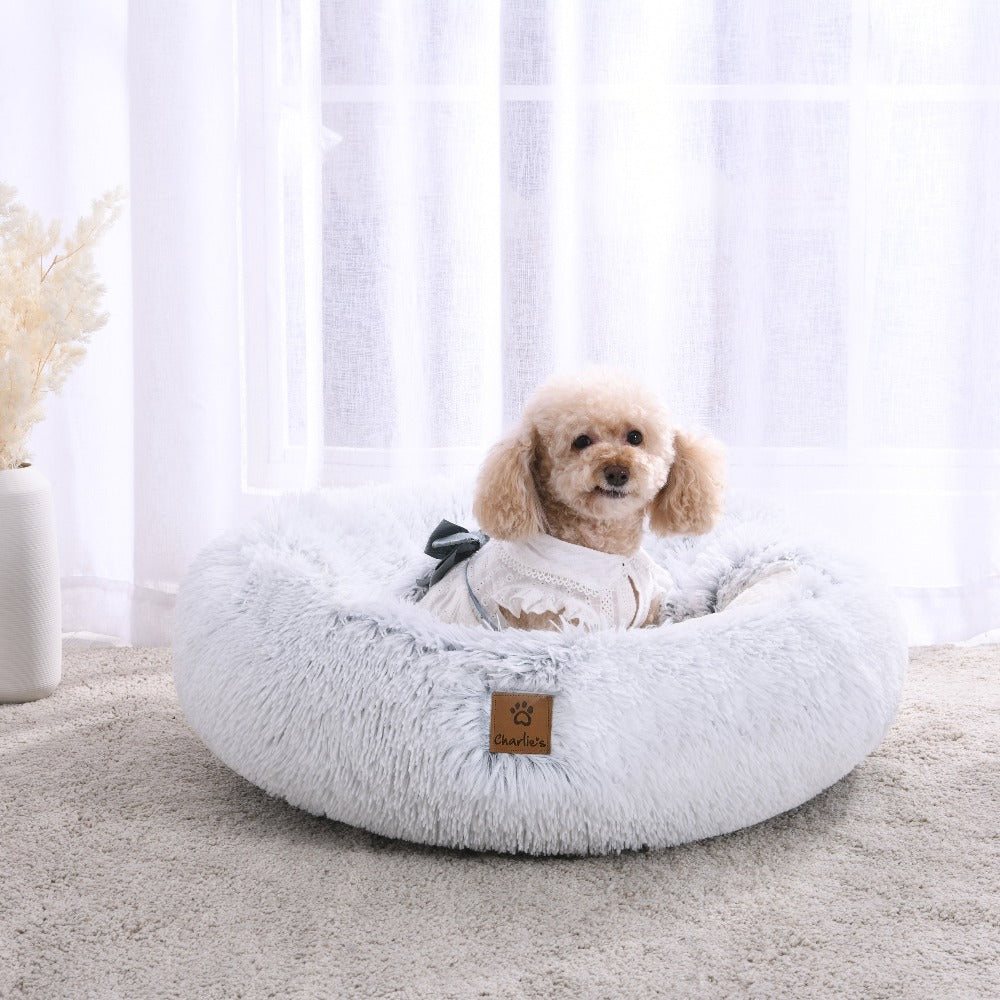 Snookie Hooded Pet Bed in Faux Fur - Artic White Chinchilla Charlie's Pet Products