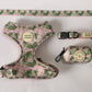 The Pet Central Tropical Bloom Dog Harness Set including adjustable dog harness, dog collar, dog lead, and poop bag holder (Front)