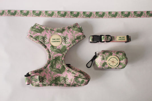 The Pet Central Tropical Bloom Dog Harness Set including adjustable dog harness, dog collar, dog lead, and poop bag holder (Front)