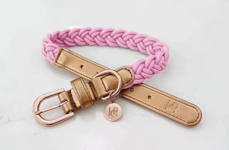 Dog Collar Peony Pink/Rose Gold Plaited