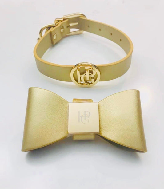 Leather Bow Collar - Champagne