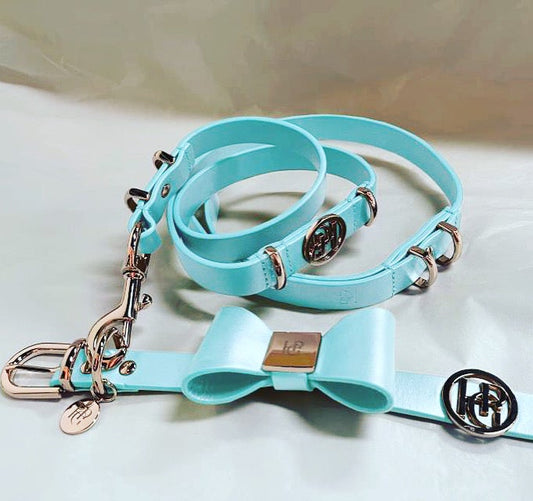 Leather Bow Collar - Aquamarine